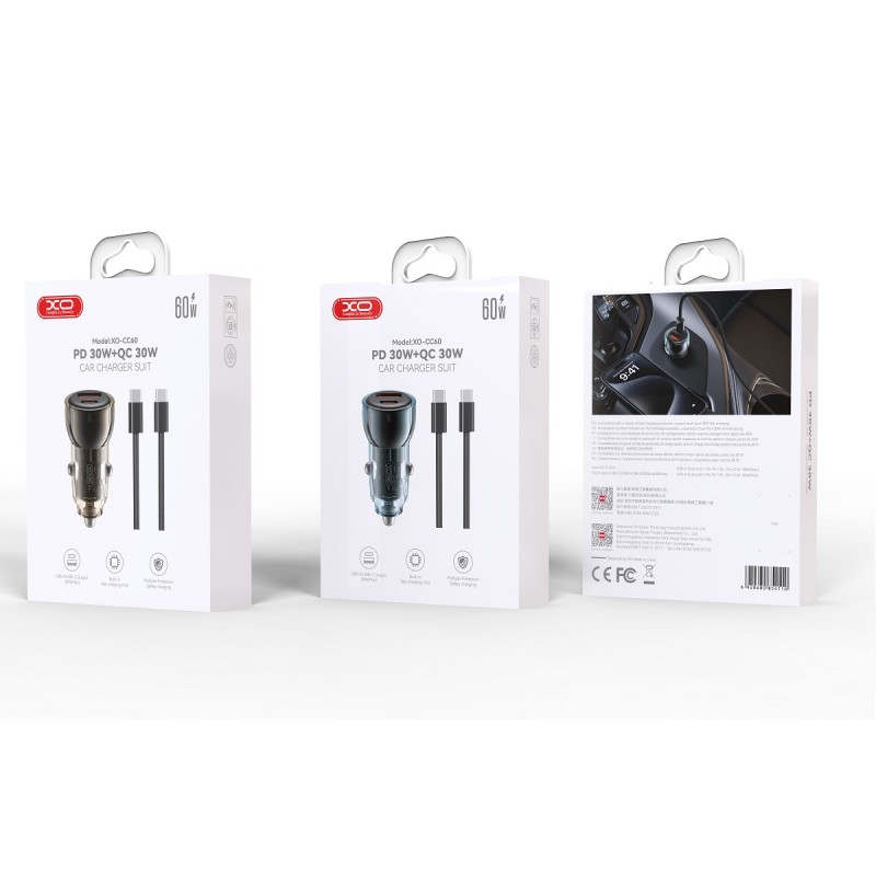 XO автомобилно зарядно CC60 60W 1x USB 1x USB-C черно + кабел USB-C - USB-C