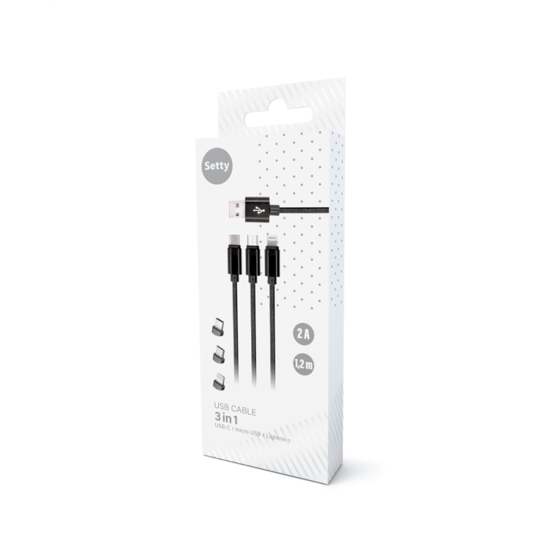 Setty кабел 3в1 USB - Lightning + USB-C + microUSB 1.0 m 2A KN3W1-01 черен