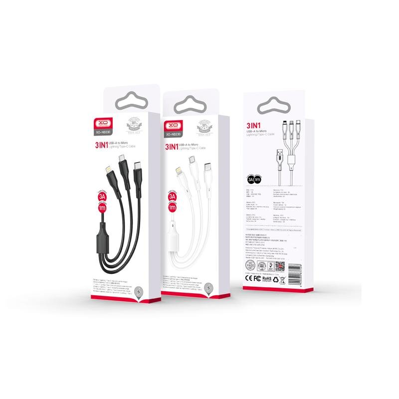 XO кабел NB230 3в1 USB + USB-C + microUSB + Lightning 1,0m 2,4A бял