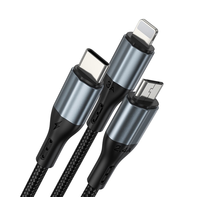 BWOO кабел 3в1 USB - USB-C, Lightning, Micro USB 1m 3A X274 черен