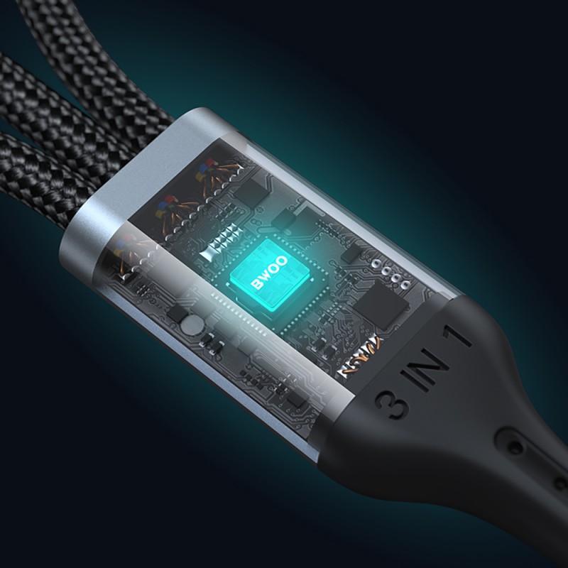 BWOO кабел 3в1 USB - USB-C, Lightning, Micro USB 1m 3A X274 черен