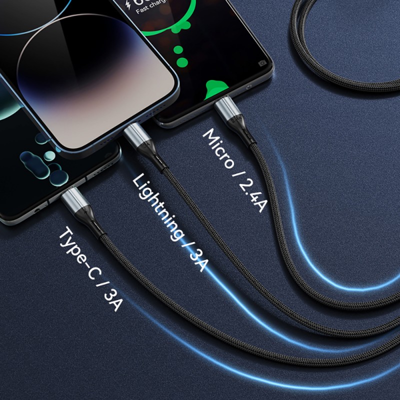 BWOO кабел 3в1 USB - USB-C, Lightning, Micro USB 1m 3A X274 черен