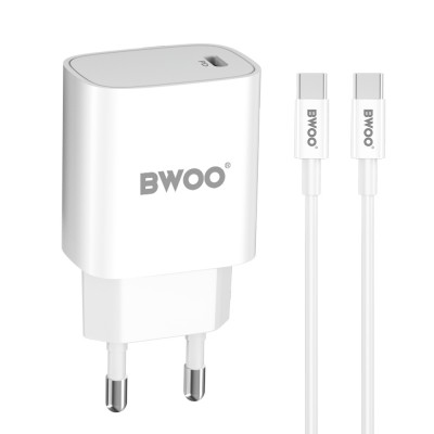 BWOO мрежово зарядно 20W PD CDA159 USB-C + кабел USB-C - USB-C бяло