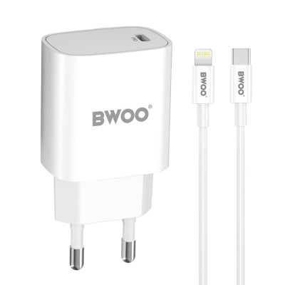 BWOO мрежово зарядно 20W PD CDA159 USB-C + кабел USB-C - Lightning бяло
