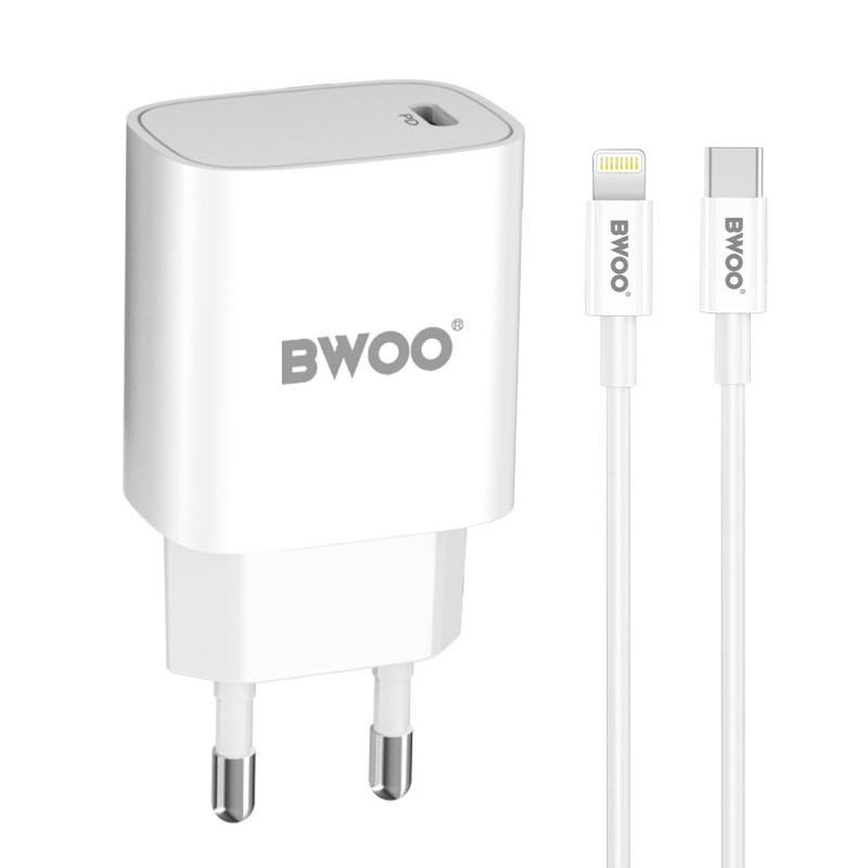 BWOO мрежово зарядно 20W PD CDA159 USB-C + кабел USB-C - Lightning бяло