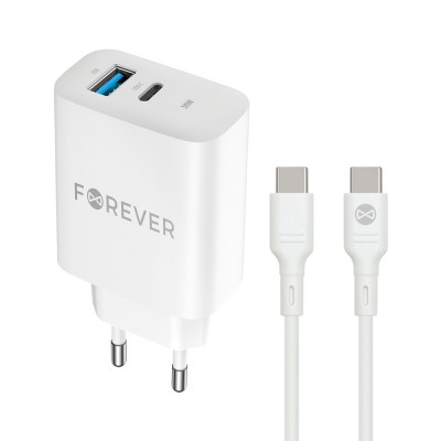 Зарядно устройство Forever PD QC TC-07-30AC 1x USB-C 1x USB 30W бял + USB-C - USB-C 60W кабел