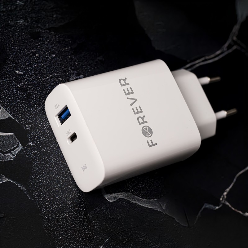 Forever ładowarka sieciowa PD QC TC-07-30AC 1x USB-C 1x USB 30W biała + kabel USB-C - USB-C 60W