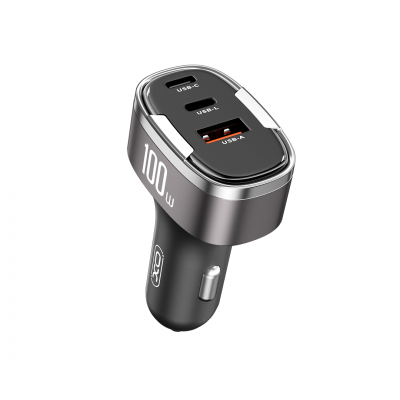 XO автомобилно зарядно CC61 PD QC 3.0 100W 1x USB 1x USB-C 1x Lightning сиво