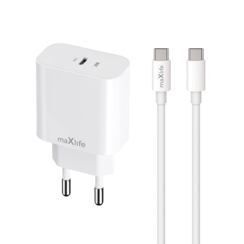 Maxlife PD QC MXTC-06-20C мрежово зарядно 1x USB-C 20W бял + USB-C - USB-C 20W кабел