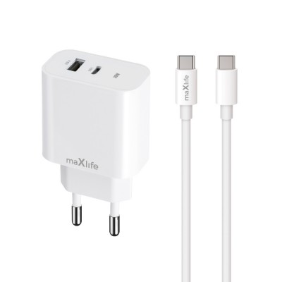 Maxlife PD QC MXTC-06-20AC захранващо зарядно устройство 1x USB-C 1x USB 20W бял + USB-C - USB-C 20W кабел
