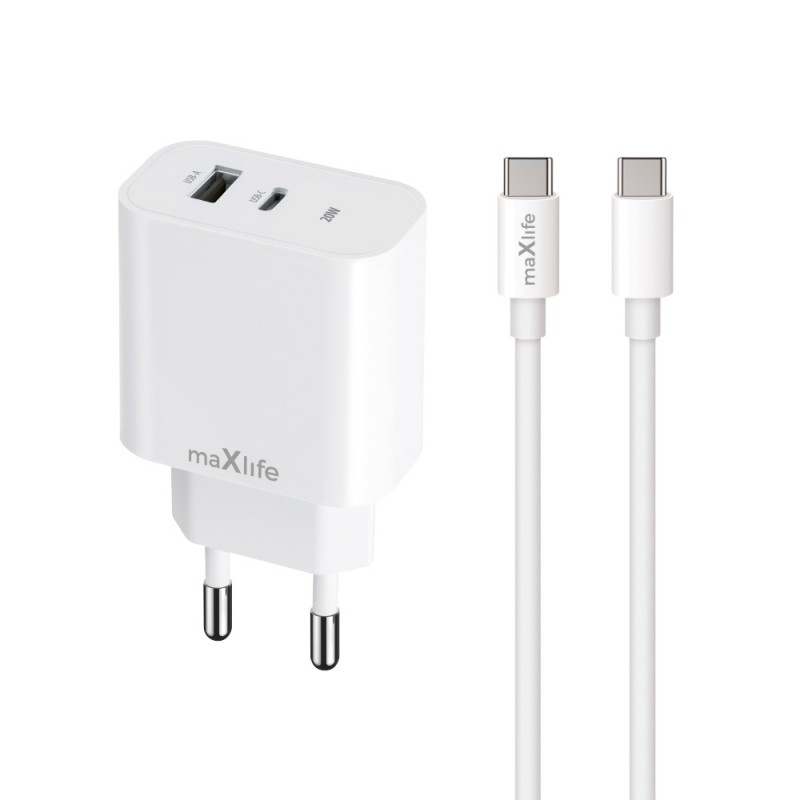 Maxlife PD QC MXTC-06-20AC захранващо зарядно устройство 1x USB-C 1x USB 20W бял + USB-C - USB-C 20W кабел