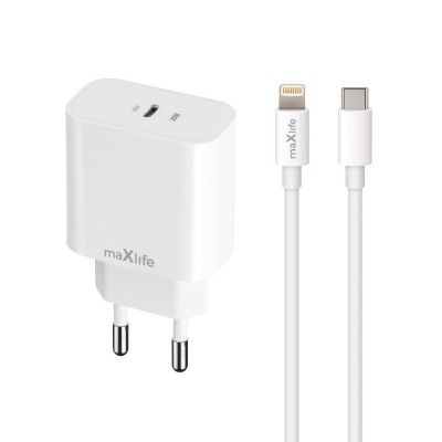 Maxlife PD QC MXTC-06-20C мрежово зарядно 1x USB-C 20W бяло + USB-C - Lightning 20W кабел