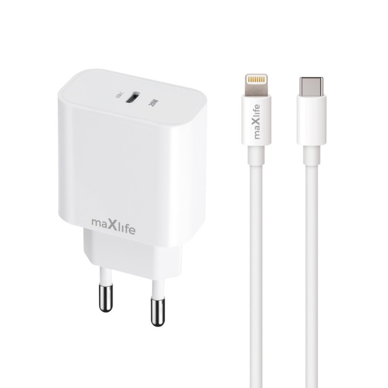 Maxlife PD QC MXTC-06-20C мрежово зарядно 1x USB-C 20W бяло + USB-C - Lightning 20W кабел