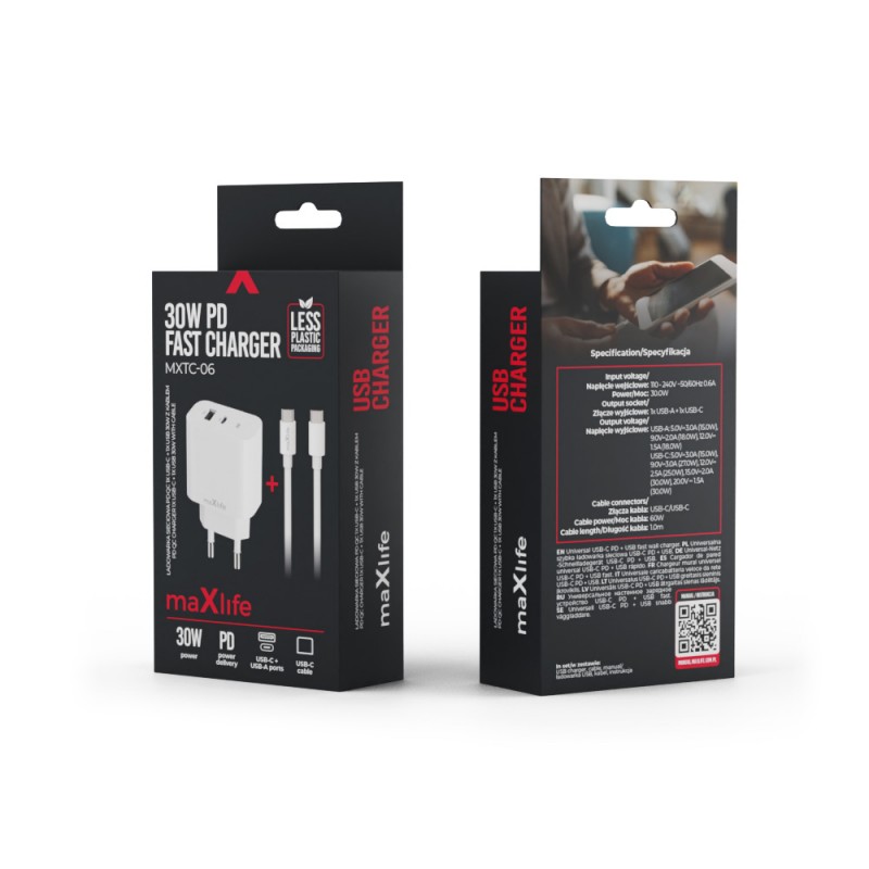 Maxlife PD QC MXTC-06-30AC захранващо зарядно устройство 1x USB-C 1x USB 30W бял + USB-C - USB-C 60W кабел