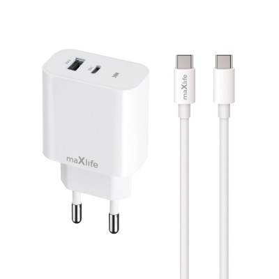 Maxlife PD QC MXTC-06-30AC захранващо зарядно устройство 1x USB-C 1x USB 30W бял + USB-C - USB-C 60W кабел