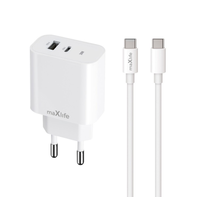 Maxlife PD QC MXTC-06-30AC захранващо зарядно устройство 1x USB-C 1x USB 30W бял + USB-C - USB-C 60W кабел
