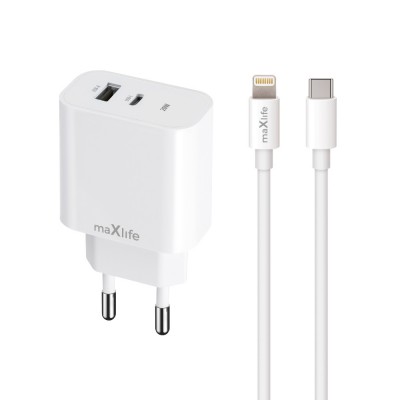 Maxlife PD QC MXTC-06-20AC захранващо зарядно 1x USB-C 1x USB 20W бяло + USB-C - Lightning 20W кабел