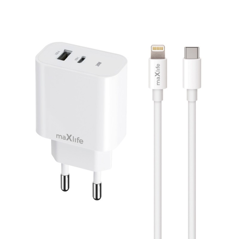 Maxlife PD QC MXTC-06-20AC захранващо зарядно 1x USB-C 1x USB 20W бяло + USB-C - Lightning 20W кабел