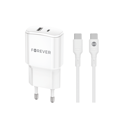 Зарядно устройство Forever PD QC TC-01-20AC 1x USB-C 1x USB 20W бял + USB-C - USB-C 20W кабел
