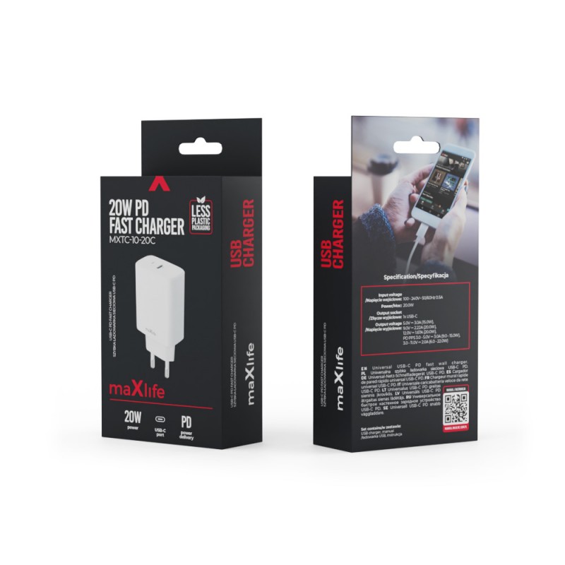 Maxlife PD QC MXTC-10-20C мрежово зарядно 1x USB-C 20W бяло
