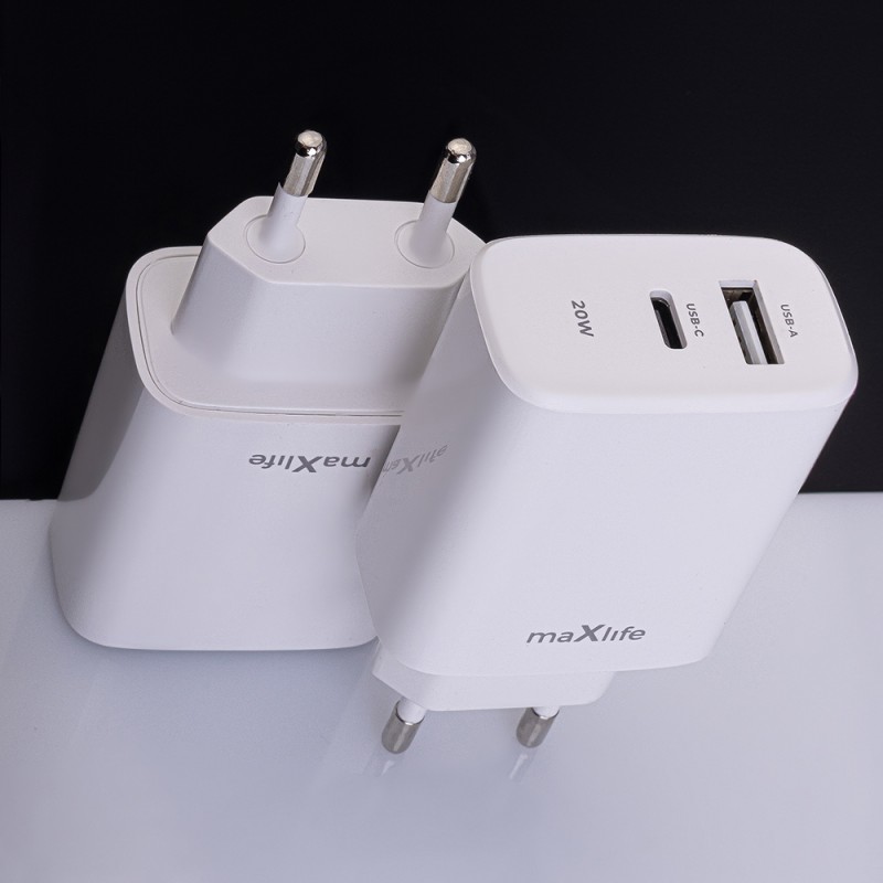 Maxlife PD QC MXTC-10-20AC мрежово зарядно устройство 1x USB-C 1x USB 20W бяло