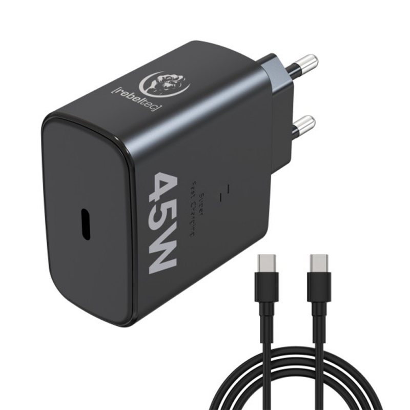 Мрежово зарядно Rebeltec H1045 45W с кабел USB-C към USB-C 2m черно