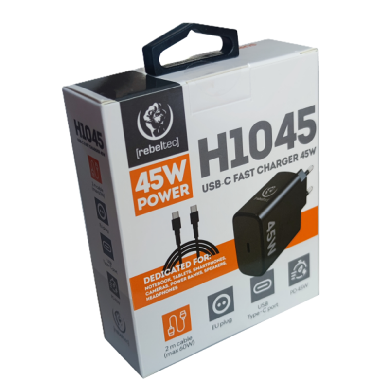 Мрежово зарядно Rebeltec H1045 45W с кабел USB-C към USB-C 2m черно