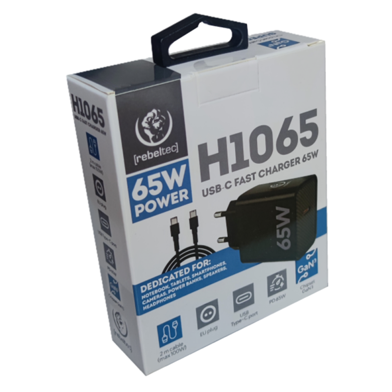 Мрежово зарядно Rebeltec H1065 65W с кабел USB-C към USB-C 2m черно