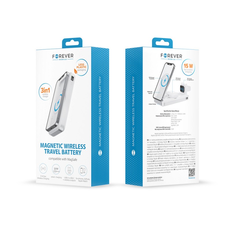 Forever power bank bezprzewodowy MATB-300 10000 mAh magnetyczny 3w1 biały