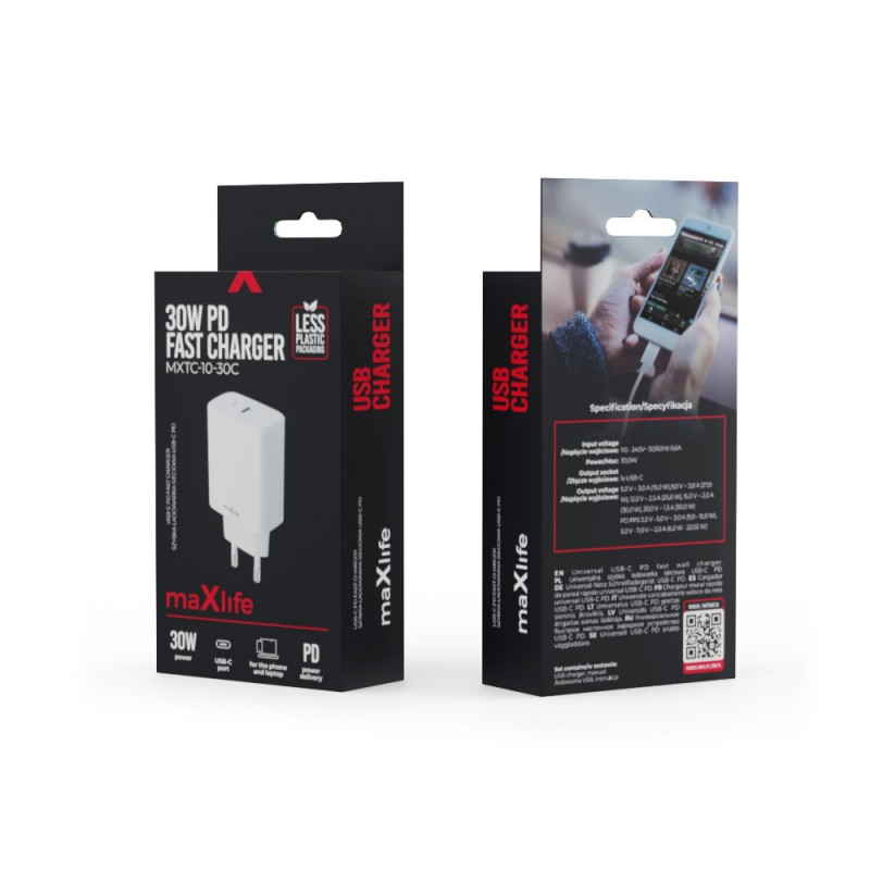 Maxlife PD QC MXTC-10-30C стенно зарядно 1x USB-C 30W бяло