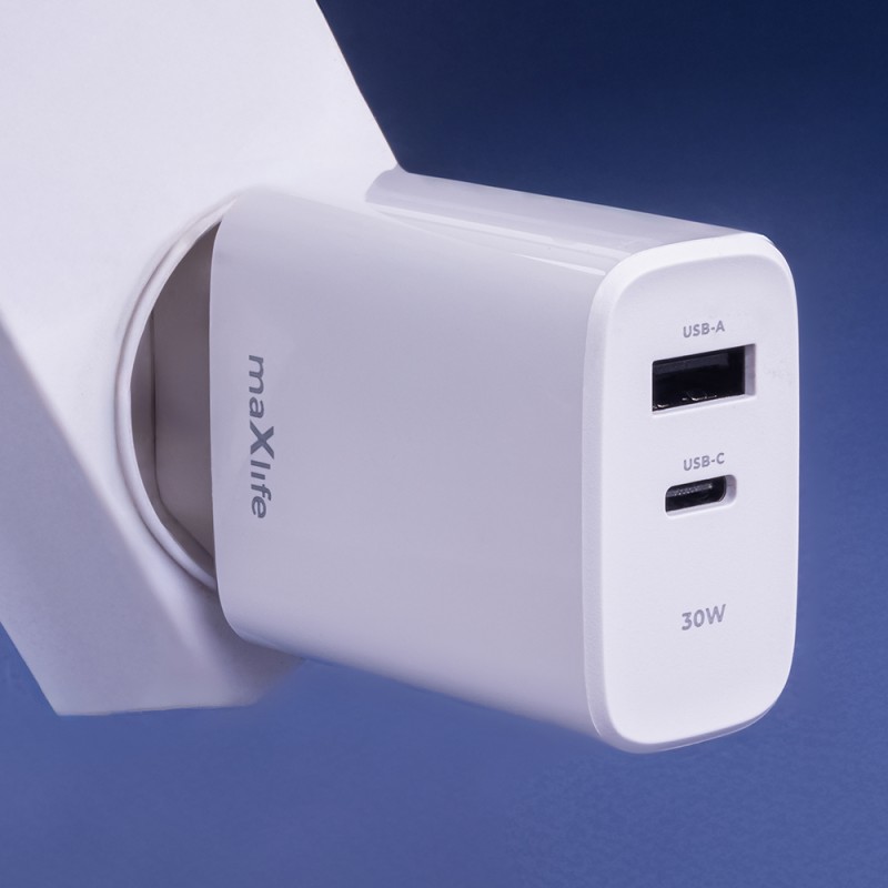 Maxlife PD QC MXTC-10-30AC мрежово зарядно устройство 1x USB-C 1x USB 30W бяло