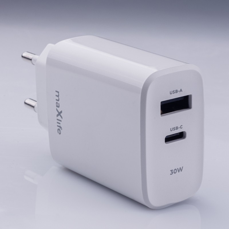 Maxlife PD QC MXTC-10-30AC мрежово зарядно устройство 1x USB-C 1x USB 30W бяло