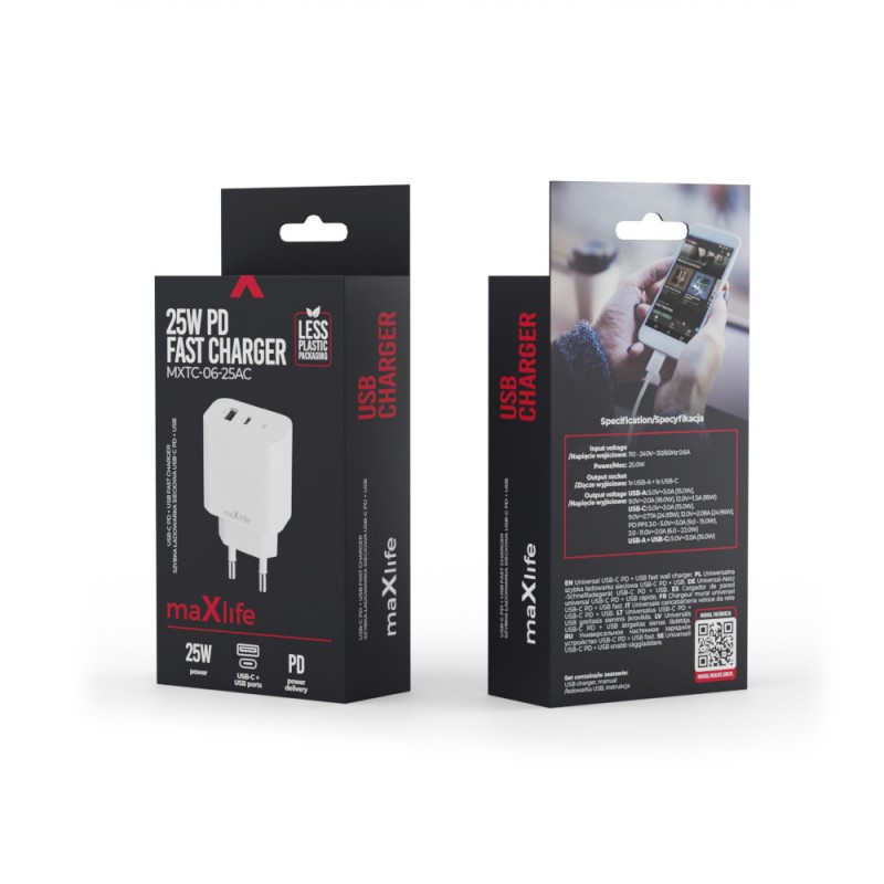 Maxlife PD QC MXTC-06-25AC мрежово зарядно устройство 1x USB-C 1x USB 25W бяло