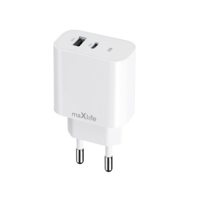 Maxlife PD QC MXTC-06-25AC мрежово зарядно устройство 1x USB-C 1x USB 25W бяло