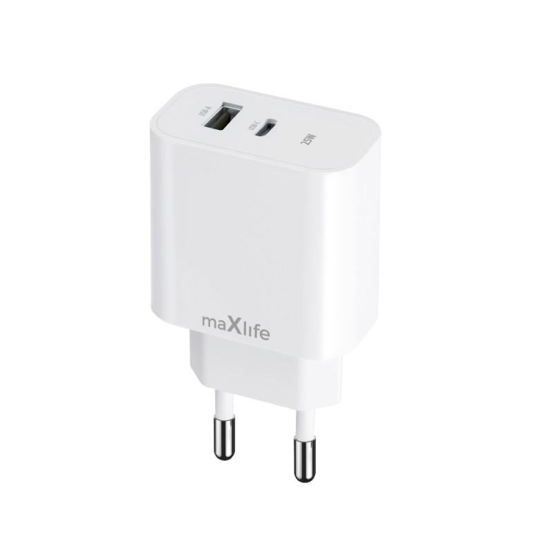 Maxlife PD QC MXTC-06-25AC мрежово зарядно устройство 1x USB-C 1x USB 25W бяло