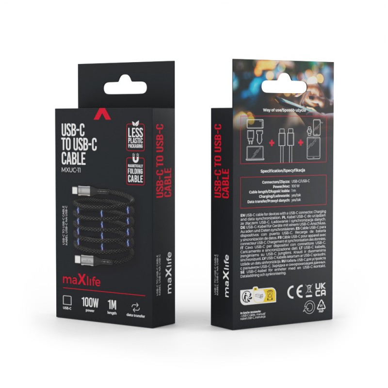 Магнитен кабел Maxlife MXUC-11 USB-C - USB-C 1,0 m 100W, черен, найлонов