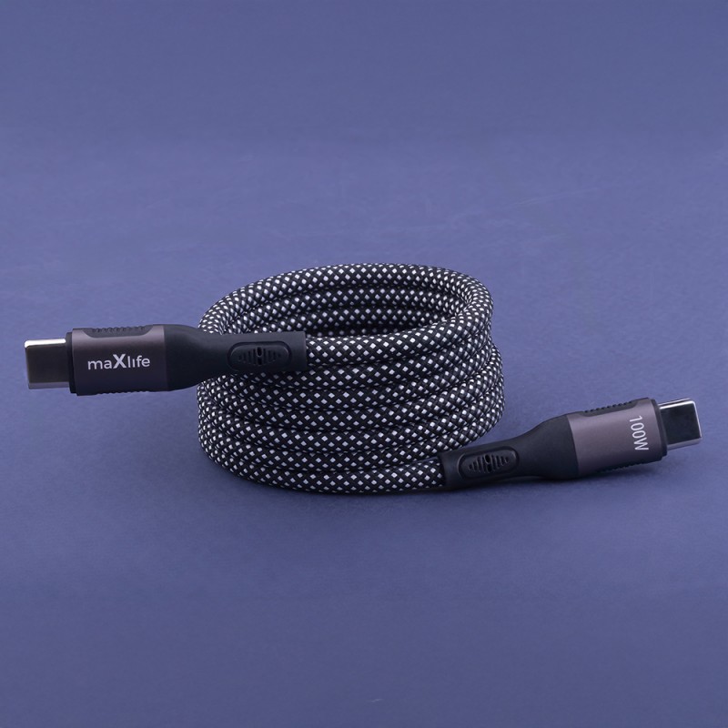 Магнитен кабел Maxlife MXUC-11 USB-C - USB-C 1,0 m 100W, черен, найлонов