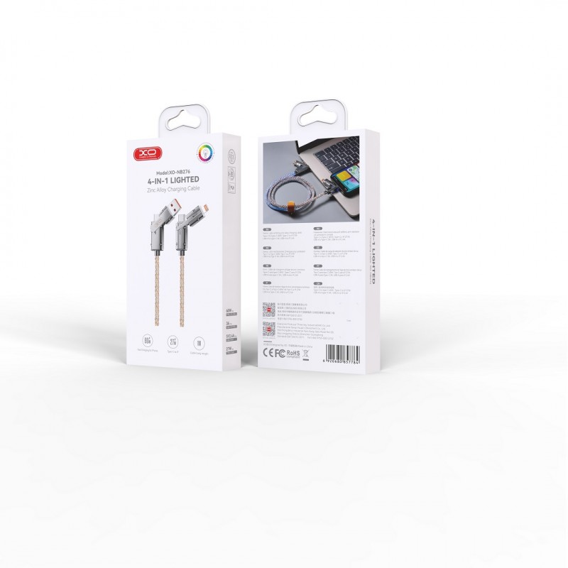 XO кабел NB276 4в1 USB-C - Lightning + USB - USB-C 60W 1,0m сив