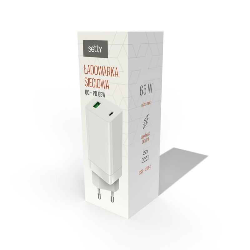 Setty GAN PD+QC USB + USB-C мрежово зарядно 65W LSI-02 бяло JO