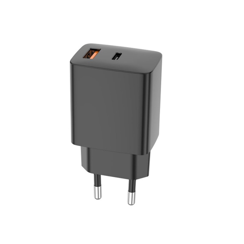 Setty USB-A + USB-C PD/QC 30W стенно зарядно черно + USB-C кабел 1m RLSK-AC-01 черно