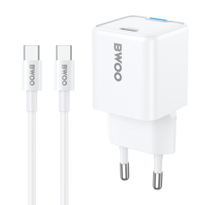 BWOO мрежово зарядно PD GaN 30W USB-C с кабел 60W USB-C - USB-C бяло
