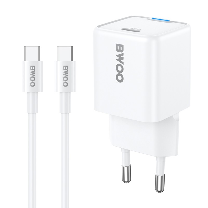 BWOO мрежово зарядно PD GaN 30W USB-C с кабел 60W USB-C - USB-C бяло
