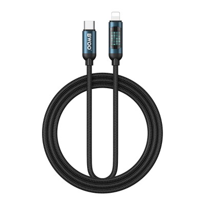 BWOO кабел USB-C - Lightning 1m 27W с LED дисплей плетен черен