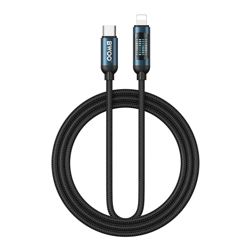 BWOO кабел USB-C - Lightning 1m 27W с LED дисплей плетен черен