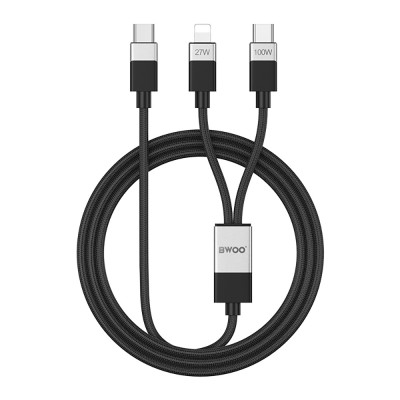 BWOO плетен кабел 2в1 USB-C - USB-C и Lightning 1m 100W/27W черен