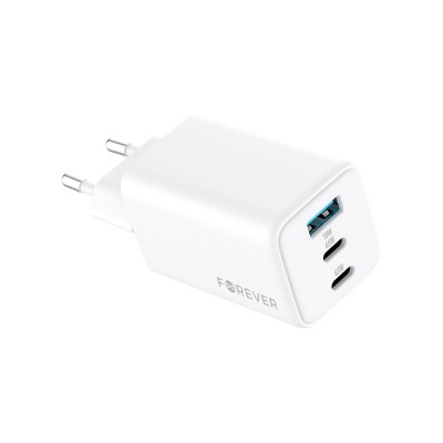 Forever GaN PD QC стенно зарядно устройство TC-08-65ACC 2x USB-C 1x USB 65W бяло