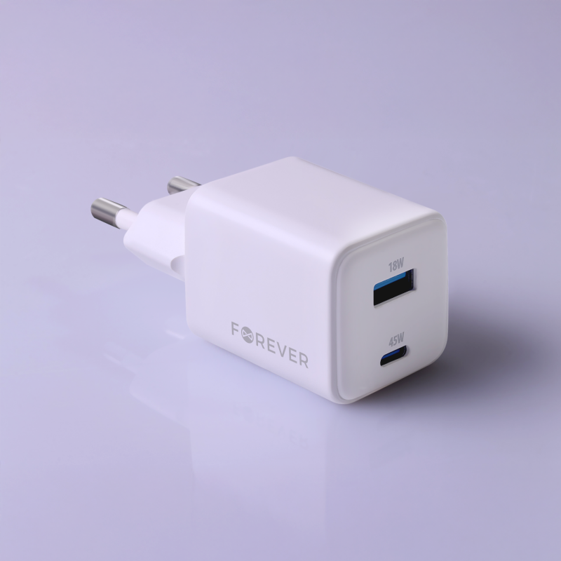 Forever ładowarka sieciowa GaN PD QC TC-08-45AC 1x USB-C 1x USB 45W biała