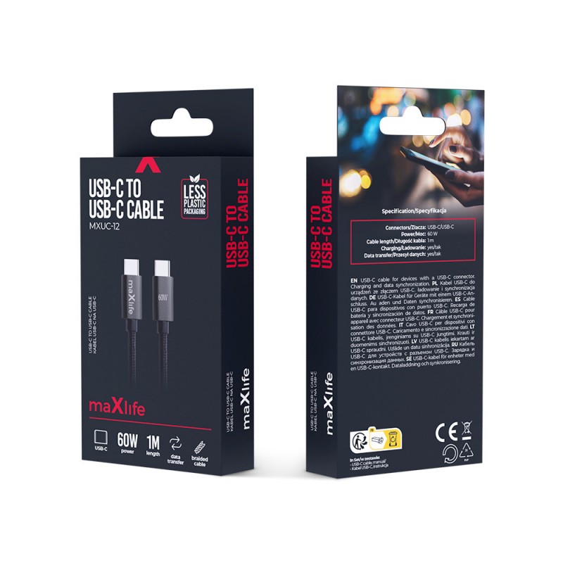 Maxlife MXUC-12 USB-C - USB-C кабел 1.0 m 60W черен