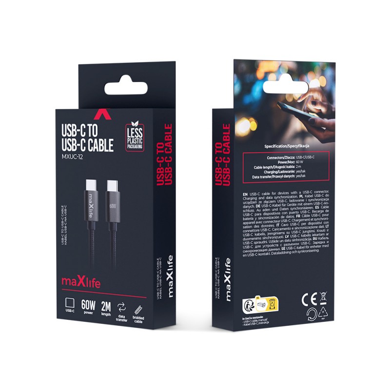 Maxlife MXUC-12 USB-C - USB-C кабел 2.0 m 60W черен