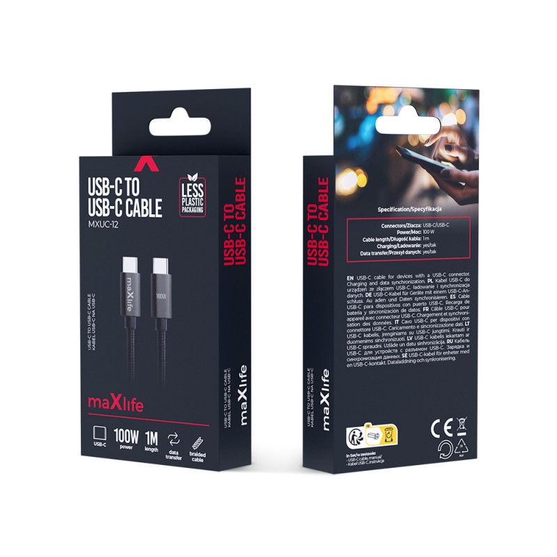 Maxlife MXUC-12 USB-C - USB-C кабел 1.0 m 100W черен